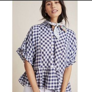 Maeve Blue White Gingham Ruffle Sleeve Button Up Women’s -  S Linen Blend